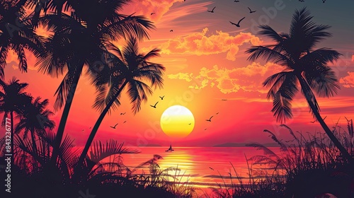 Sunset background with palm trees.
