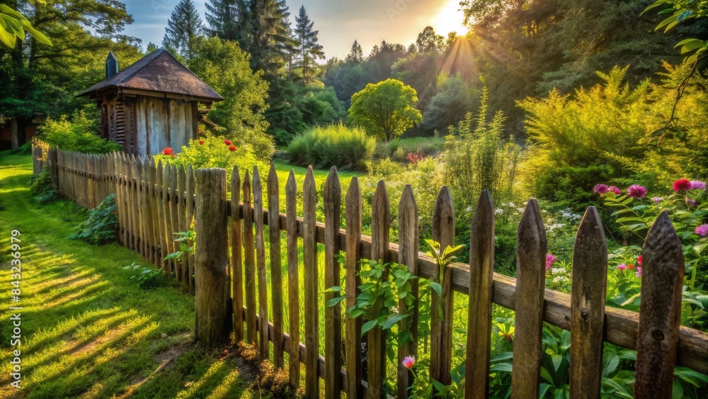 Weathered rustic wooden fence stands majestically in a serene backyard surrounded by lush greenery, evoking a sense of tranquility and rustic charm. Weathered rustic wooden fence stands majestically in a serene backyard surrounded by lush greenery, evoking a sense of tranquility and rustic charm.