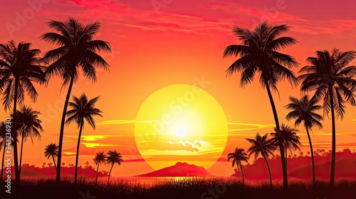 Sunset background with palm trees.