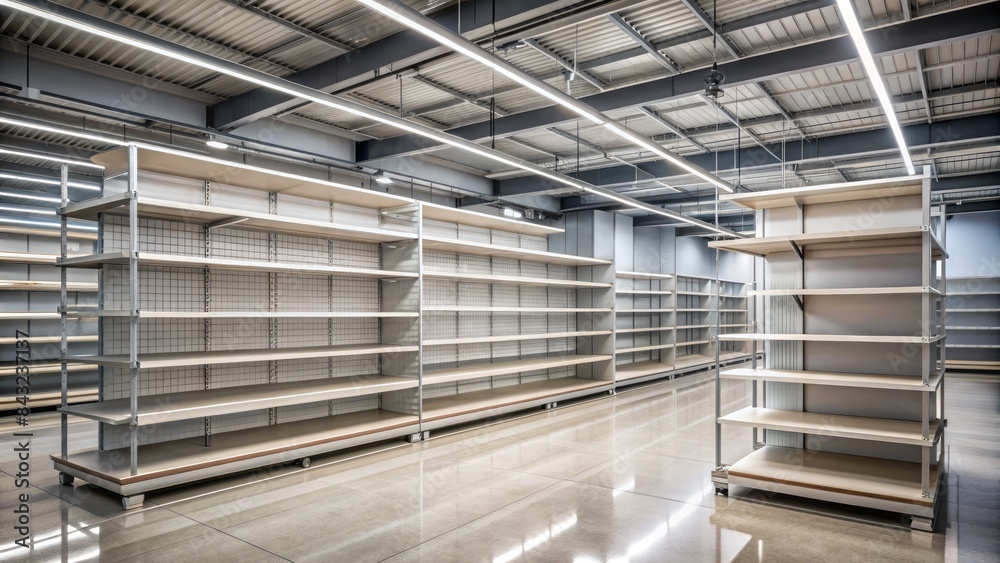 Bare and barren retail space with empty shelves and faint product labels, an eerie atmosphere of abandonment and economic downturn prevails. Bare and barren retail space with empty shelves and faint product labels, an eerie atmosphere of abandonment and economic downturn prevails.