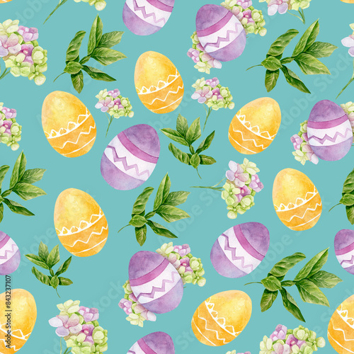 Easter elements on a turquoise background. Pattern with flowers, leaves and Easter yellow and purple eggs. Watercolor illustration