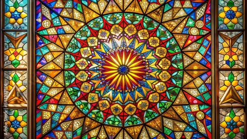 Vibrant multicolored stained glass window with intricate patterns and geometric shapes radiates warmth and beauty against a neutral background. 