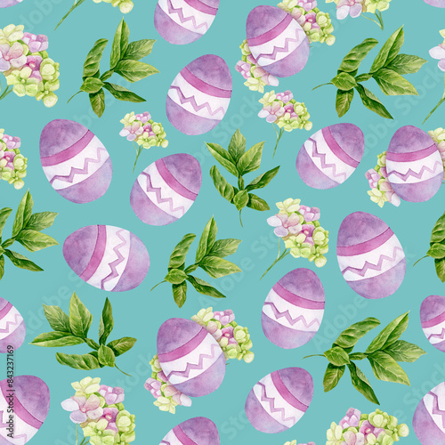 Easter elements on a turquoise background. Pattern with flowers, leaves and Easter purple eggs. Watercolor illustration.
