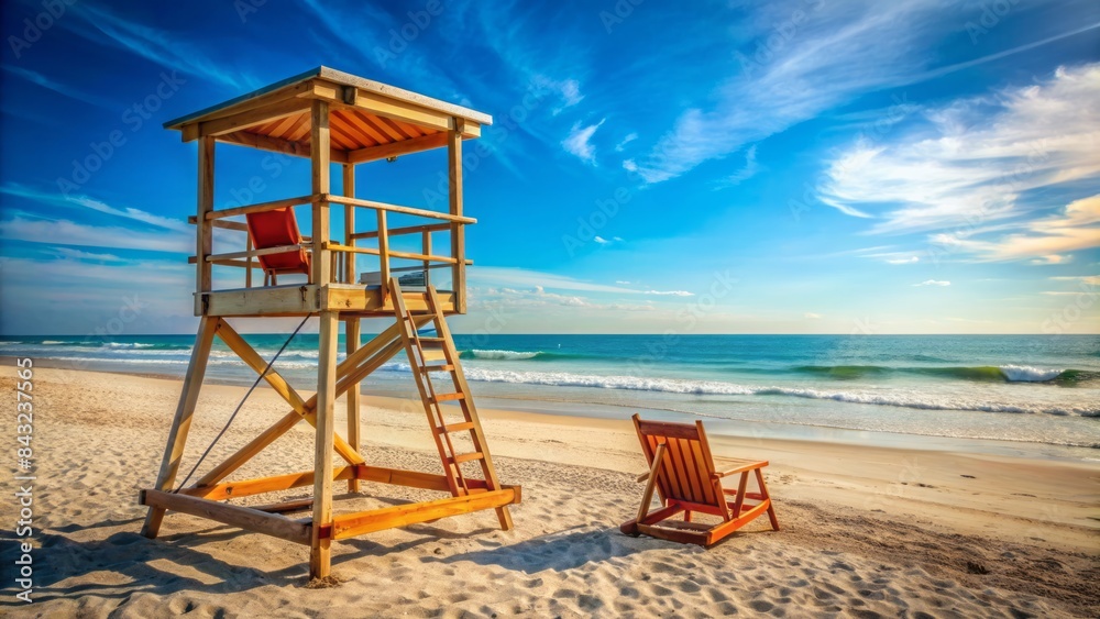 Lifeguard stand with binoculars and rescue tube on a sunny summer beach with clear blue sky, gentle waves, and a few beach chairs scattered nearby. Lifeguard stand with binoculars and rescue tube on a sunny summer beach with clear blue sky, gentle waves, and a few beach chairs scattered nearby.