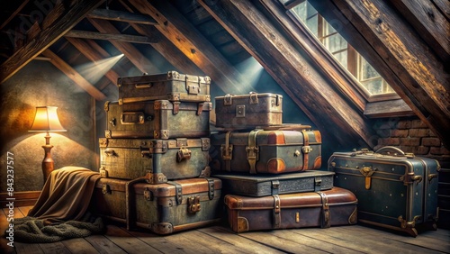Dusty, ornate suitcases overflowing with aged relics and mysterious artifacts clutter a dimly lit attic, evoking whispers of forgotten journeys and untold stories waiting to be unearthed.