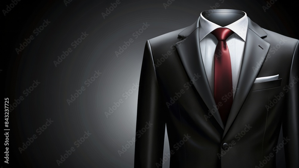 Elegant black background features a stylized, simple, and modern illustration of a classic suit, conveying sophistication and professionalism without any human presence. Elegant black background features a stylized, simple, and modern illustration of a classic suit, conveying sophistication and professionalism without any human presence.