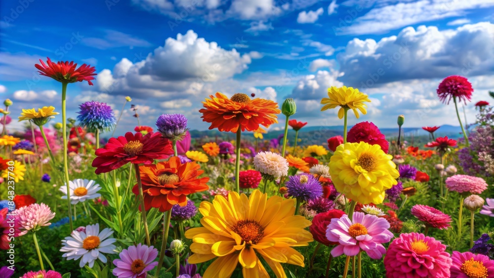 Vibrant flowers of different shapes and colors bloom together in perfect harmony, conveying a sense of unity, joy, and celebration in a picturesque landscape. Vibrant flowers of different shapes and colors bloom together in perfect harmony, conveying a sense of unity, joy, and celebration in a picturesque landscape.