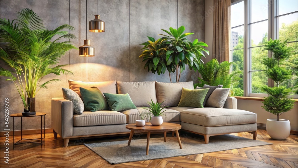 Fototapeta premium Cozy living room with plush couch, soft cushions, and modern decor, featuring a lush green potted plant in a corner, exuding warmth and serenity.