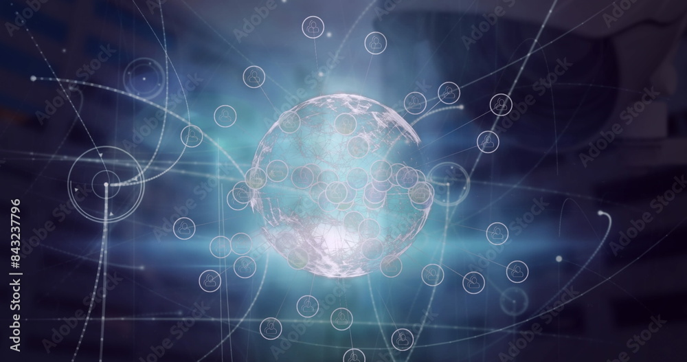 Image of icons around globe and connected dots over buildings in background Image of icons around globe and connected dots over buildings in background