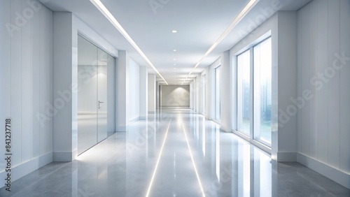 Empty white corridor with clean walls and polished floor  illuminated by soft natural light  creating a sense of calmness and serenity.