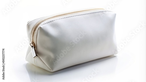 A pristine, empty white cosmetic bag with a zipper closure rests solo on a uniformly lit, pure white background, exuding minimalism and simplicity.