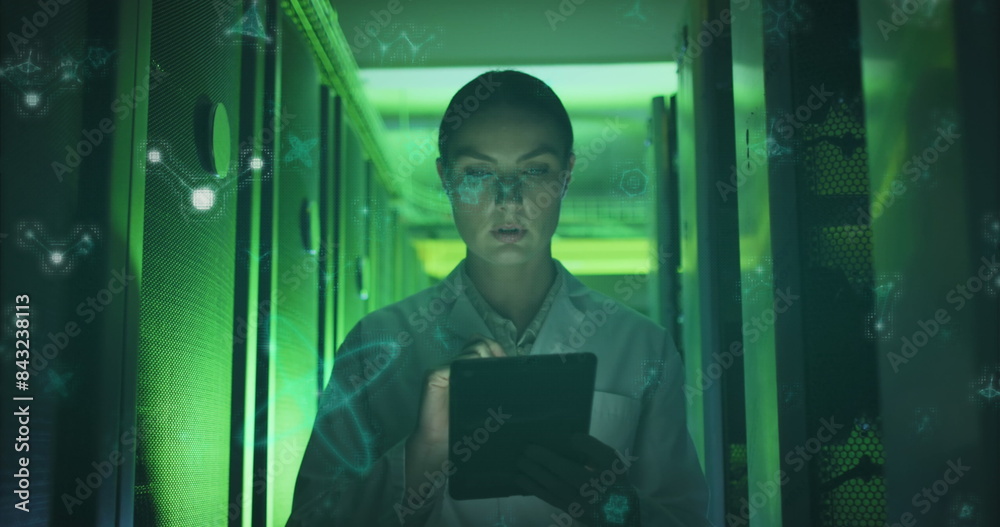 Naklejka premium Image of molecular structures over caucasian female engineer using digital tablet at server room