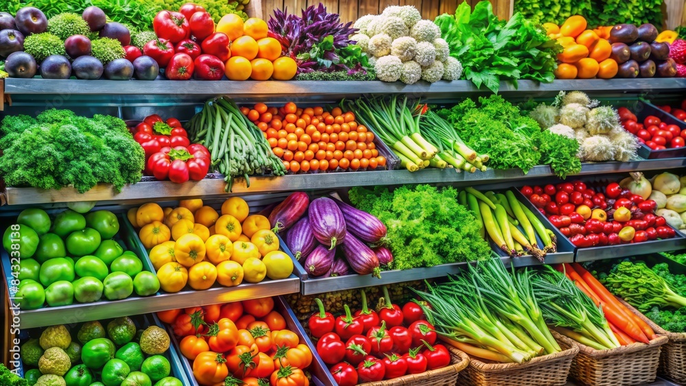 A vibrant and colorful display of fresh vegetables arranged neatly on a grocery store shelf, with a variety of fruits and greens visible. A vibrant and colorful display of fresh vegetables arranged neatly on a grocery store shelf, with a variety of fruits and greens visible.