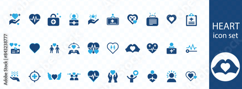 Heart icon set. Containing life, heartbeat, caring, passion, healthcare, emotional, like, charity and more. Solid vector icons collection