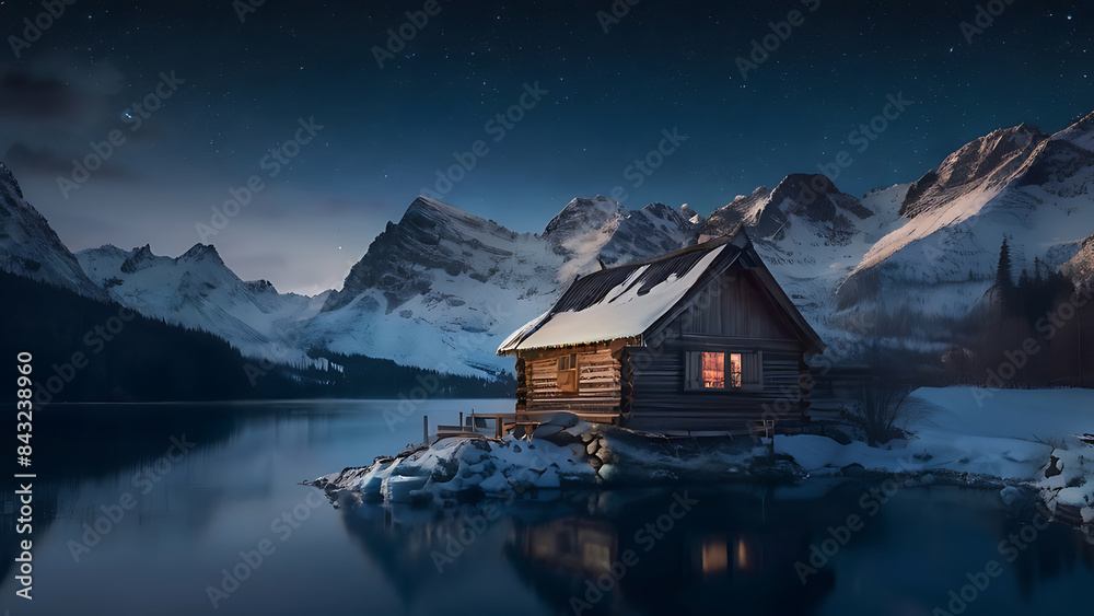 Fototapeta premium Wooden house on the side of beautiful lake and rocky mountain range.