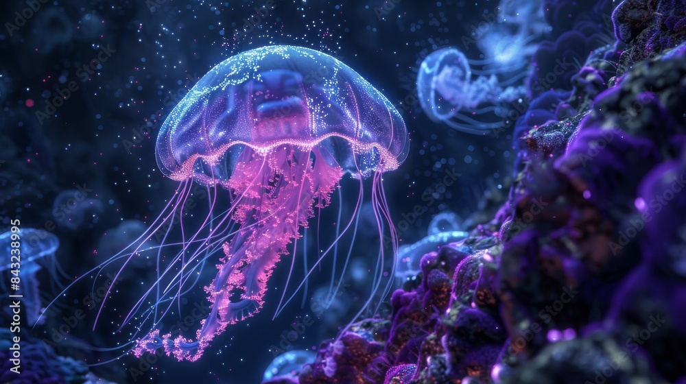 Glowing jellyfish in the deep blue ocean for aquatic or fantasy designs Glowing jellyfish in the deep blue ocean for aquatic or fantasy designs