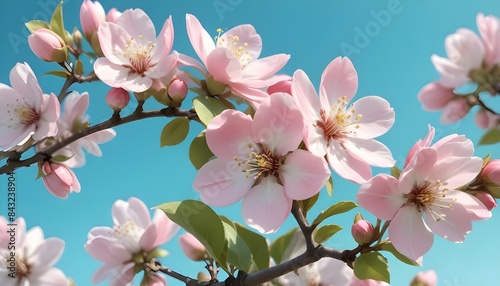 A detailed image of apple blossom clusters with soft pink and white petals  set against a clear turquoise blue sky.