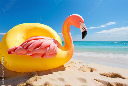 A bright pink flamingo-shaped inflatable pool float rests on the smooth sand of a beach. The flamingo has a yellow neck and beak. Perfect for summer fun, pool parties, or tropical vacation themes. photo