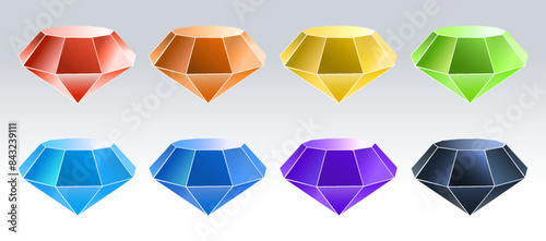 Voluminous multicolored diamonds of primary colors, with white edges, arranged in 2 rows, precious stones. A set of multicolored diamonds on a light background. Vector illustration. 