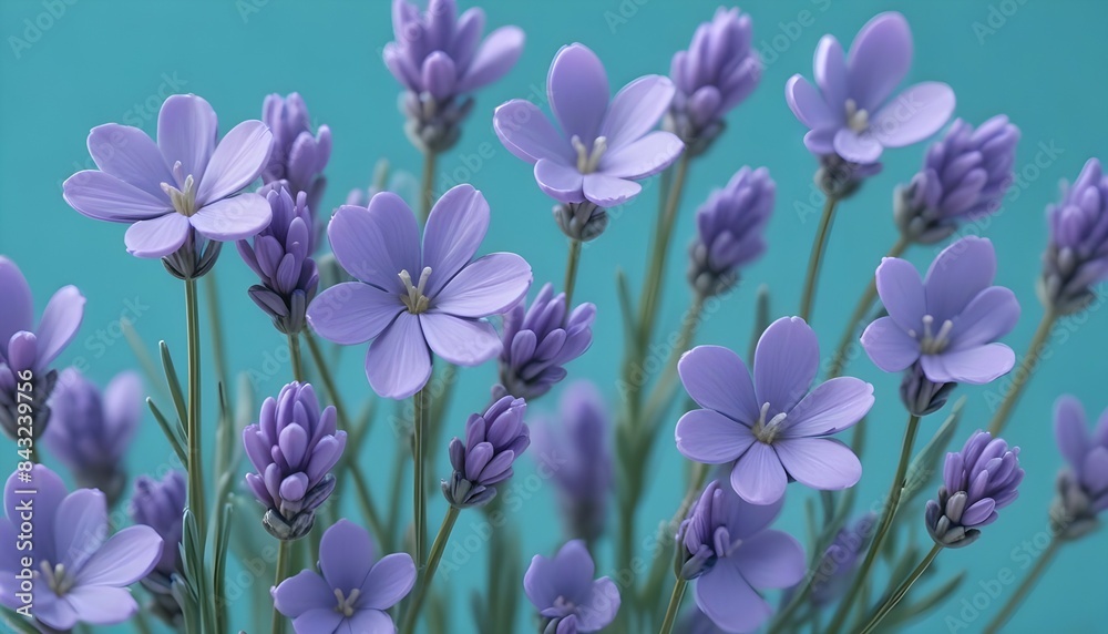 A macro shot of tiny lavender flowers with their intricate petals, placed on a turquoise blue backdrop. A macro shot of tiny lavender flowers with their intricate petals, placed on a turquoise blue backdrop.