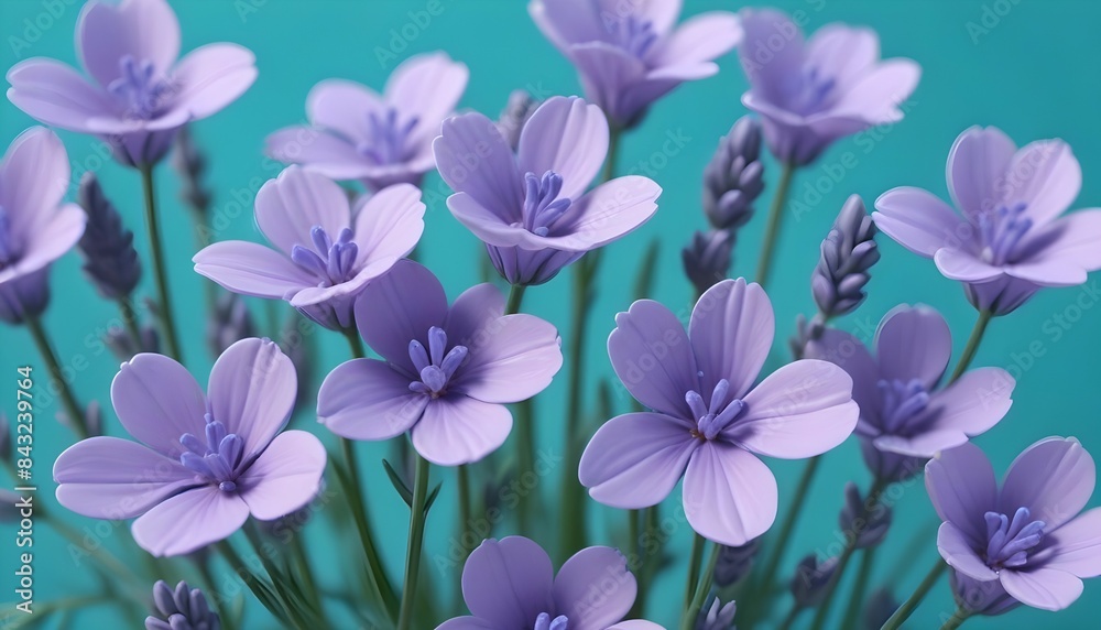 A macro shot of tiny lavender flowers with their intricate petals, placed on a turquoise blue backdrop.