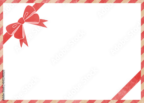 りぼんのラッピング風フレーム、クリスマスカラー、水彩風