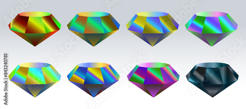 Voluminous multicolored iridescent diamonds of unusual colors, arranged in 2 rows, precious stones. A set of multicolored diamonds on a light background. Vector illustration. 