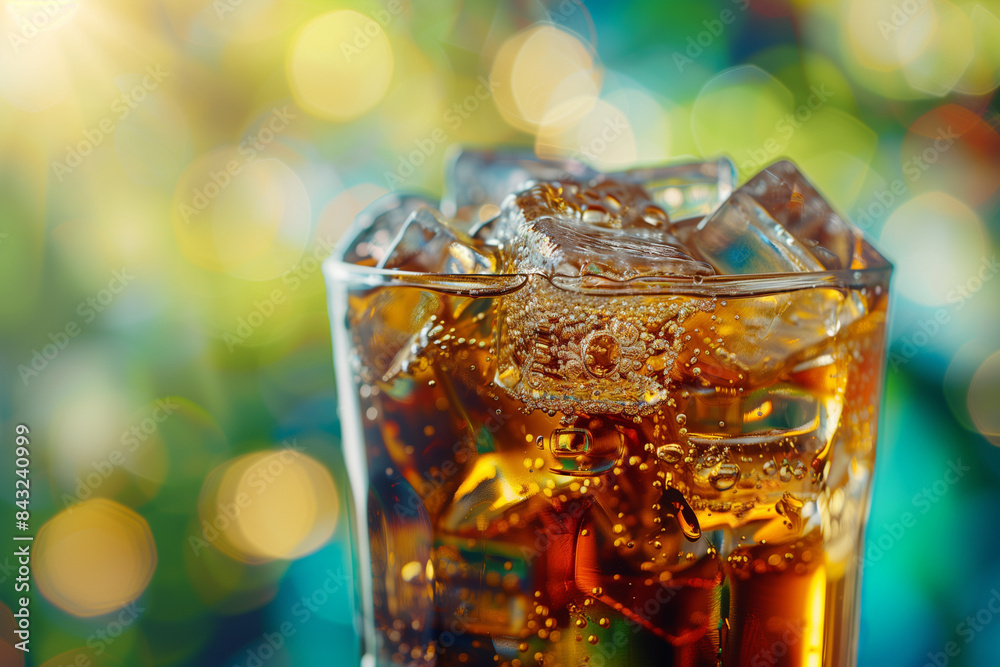 Refreshing soda drink on ice in a chilled glass with ample copy space, highlighting hydration and cool refreshment ideal for high summer heat relief Refreshing soda drink on ice in a chilled glass with ample copy space, highlighting hydration and cool refreshment ideal for high summer heat relief