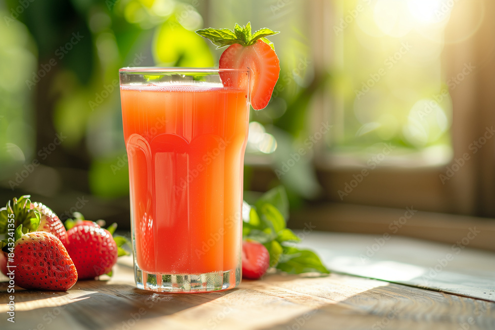 Refreshing Fruit Juice Drink with vibrant orange and strawberry flavors in a clear cup, offering copy space to highlight its cooling refreshment, hydration benefits
