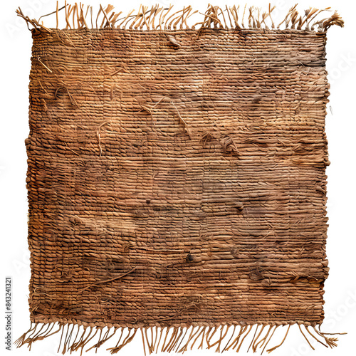 Rustic woven straw mat with fringes, perfect for adding a natural touch to home decor, flat lay photography, or as a background texture.