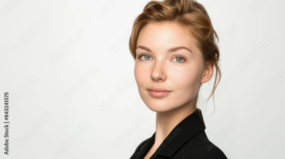 Elegant young businesswoman in stylish black blazer looking away, isolated on white background as a symbol of modern fashion and beauty Elegant young businesswoman in stylish black blazer looking away, isolated on white background as a symbol of modern fashion and beauty