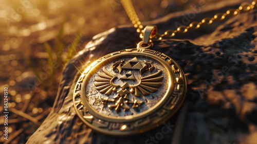 Golden triforce pendant with wings for video game fans and fantasy lovers