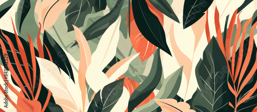 Abstract illustration of tropical leaf pattern in flat style with green and terracotta color palette on cream background