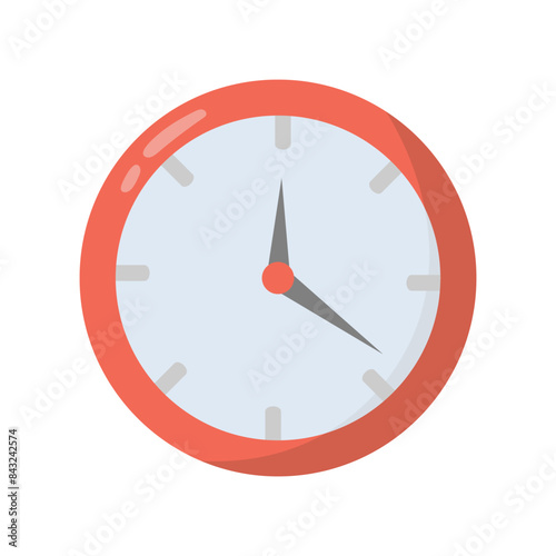 Red clock icon in flat design style, red analogue wall clock vector illustration, simple clock clip art image