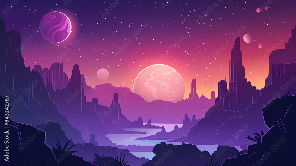 Naklejka premium A purple and pink sky with a river and two planets in the background