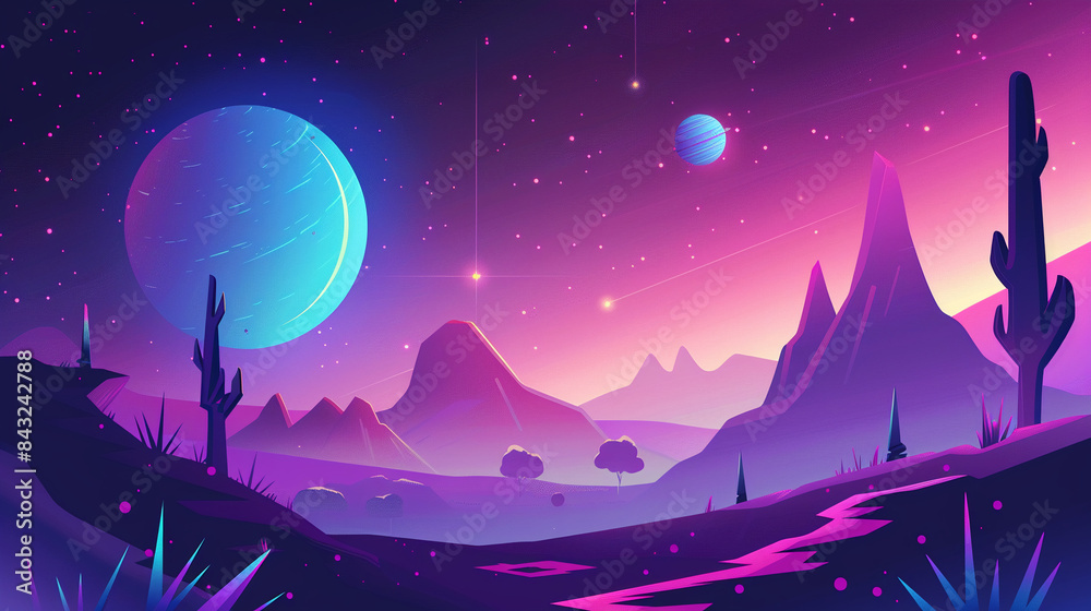 A purple and blue sky with a planet and two stars
