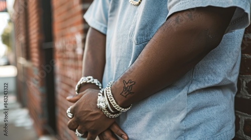 man wearing two cuban link bracelets, one in gold and the other silver with diamonds. open hand tattoo on his arm