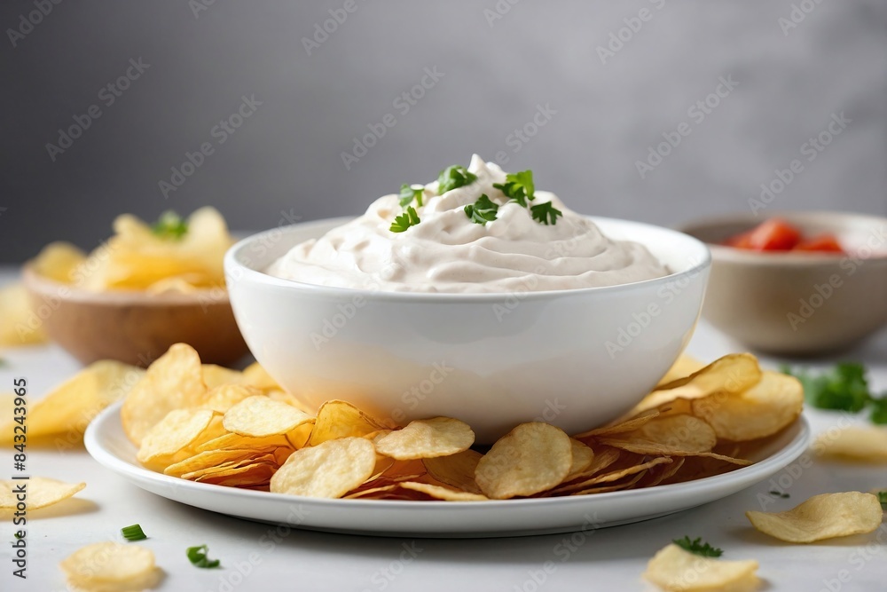 Potato Chips with Dip: a small pile of potato chips next to a bowl of creamy dip on a clean, white plate. Potato Chips with Dip: a small pile of potato chips next to a bowl of creamy dip on a clean, white plate.
