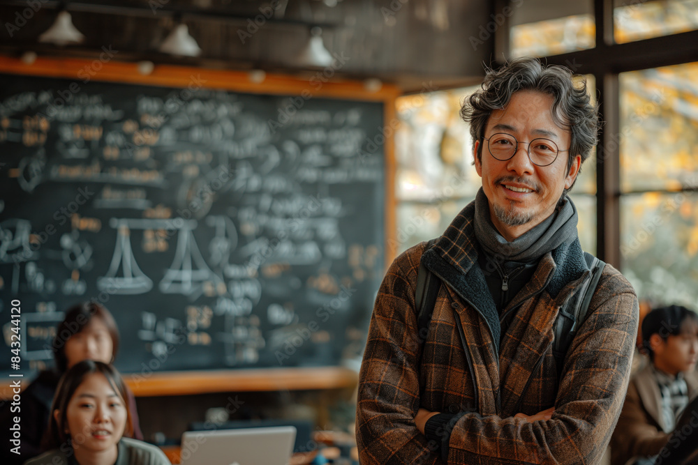 Smiling male teacher in a cozy classroom with a blackboard filled with mathematical equations, standing confidently with arms crossed, while students engage in the background. Smiling male teacher in a cozy classroom with a blackboard filled with mathematical equations, standing confidently with arms crossed, while students engage in the background.
