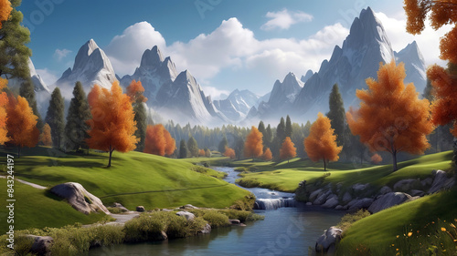 Obraz na płótnie beautiful nature landscape of green grass field with mountain behind, Generative Ai w salonie