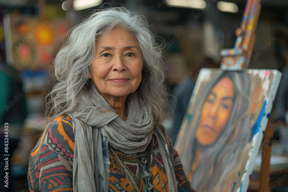 Elderly woman artist with long gray hair, standing proudly next to her self-portrait painting in a studio, wearing a colorful sweater and scarf. Elderly woman artist with long gray hair, standing proudly next to her self-portrait painting in a studio, wearing a colorful sweater and scarf.