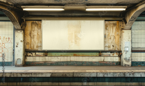 Fototapeta Naklejka Na Ścianę i Meble -  Empty billboard hanging on a grungy subway station wall with nobody waiting