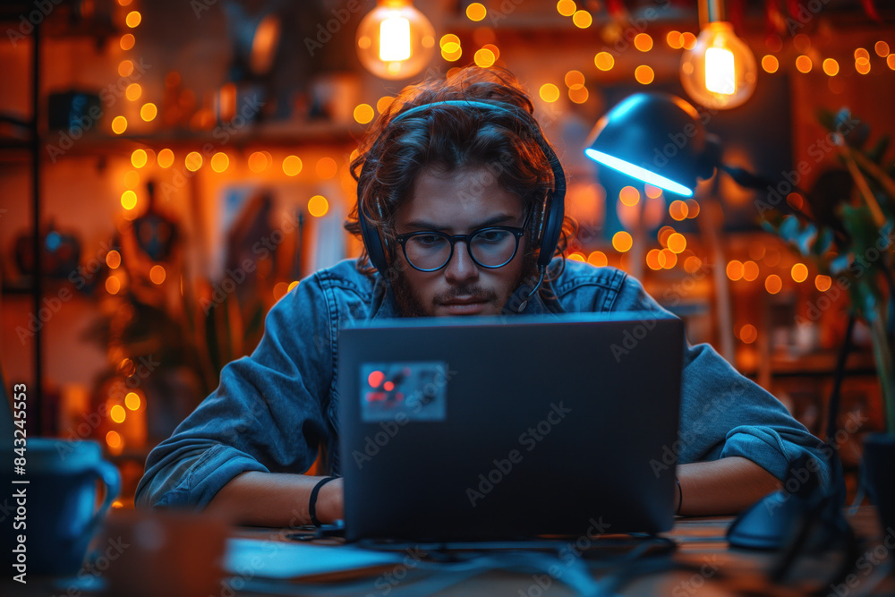 Focused young man with glasses and headphones working on a laptop in a cozy, dimly lit room with string lights, creating an intimate and studious atmosphere. Focused young man with glasses and headphones working on a laptop in a cozy, dimly lit room with string lights, creating an intimate and studious atmosphere.