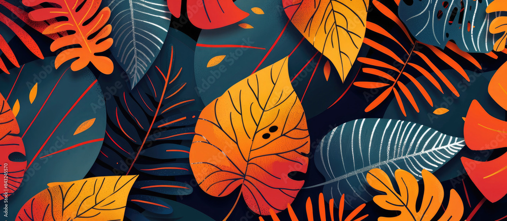 Seamless pattern with tropical leaves in flat design, red, orange and dark blue color palette on dark background Seamless pattern with tropical leaves in flat design, red, orange and dark blue color palette on dark background