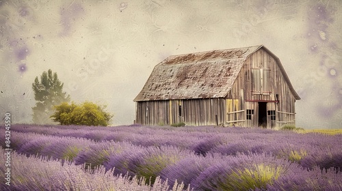 A serene countryside barn surrounded by blooming lavender fields,Minimalist composition framing the rustic charm of the farmstead