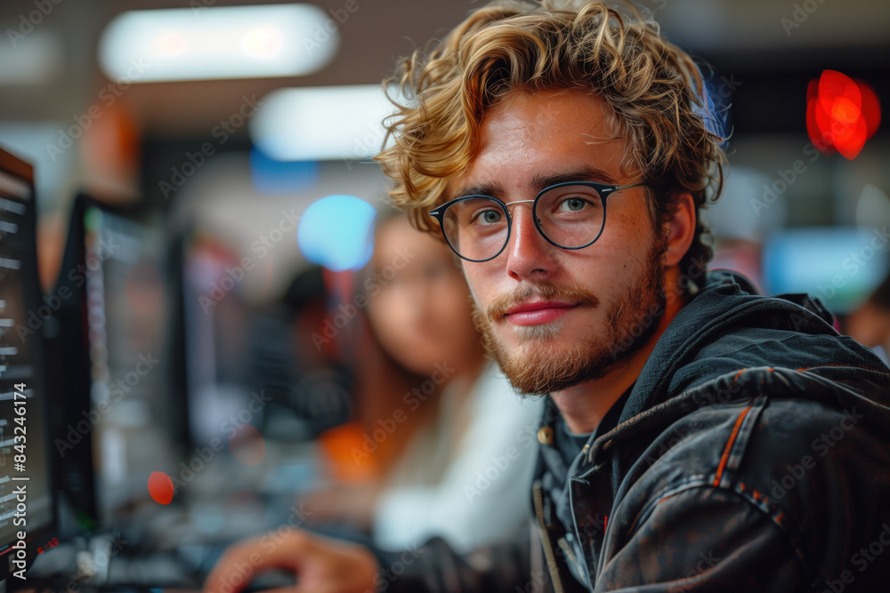 Young man with curly hair and glasses in a computer lab, focused on work, surrounded by monitors and blurred colleagues.