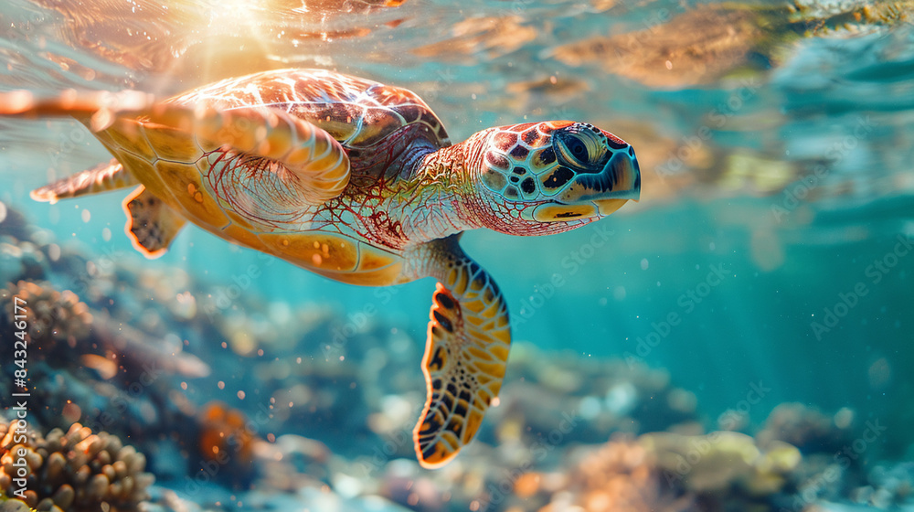 Obraz premium Sea Turtle, Ocean Waves, Graceful Marine Creature, Swimming Freely in Coral Reef, Bright and Clear Day, Photography, Sunlight, Lens Flare