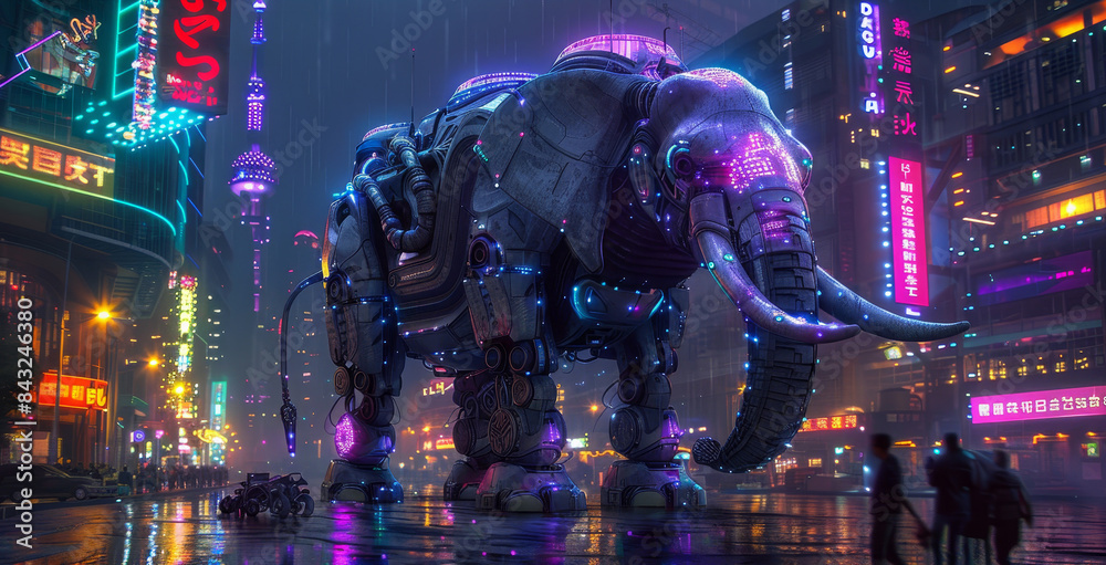 Fototapeta premium Trumpeting robotic elephant, neon-lit city, electric blue purple green hues, futuristic urban setting, sleek and metallic, cyber beauty