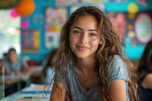 Smiling young girl with wavy hair in a colorful classroom, exuding a warm and cheerful demeanor.