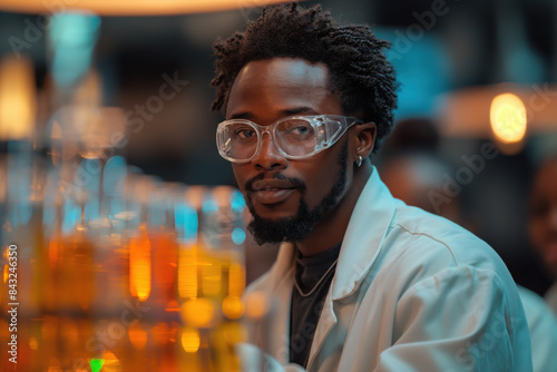 Confident African scientist in a lab coat and goggles, standing amidst colorful test tubes in a laboratory, focused on his work.